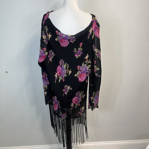 Temptations II Blouse Tunic Plus size 3XL Black Pink Purple Floral Fringe Church - Picture 7 of 8